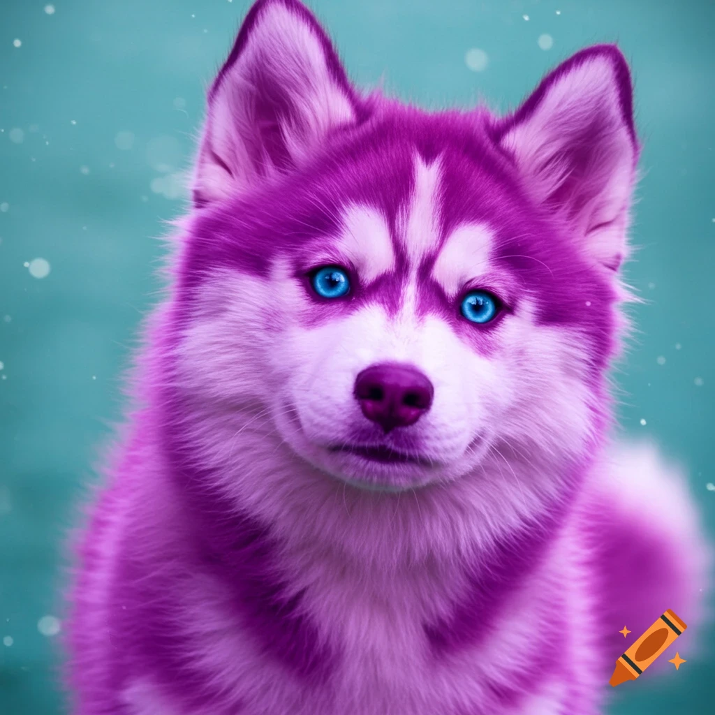 Close-up of a husky dog with vibrant purple fur and bright blue eyes