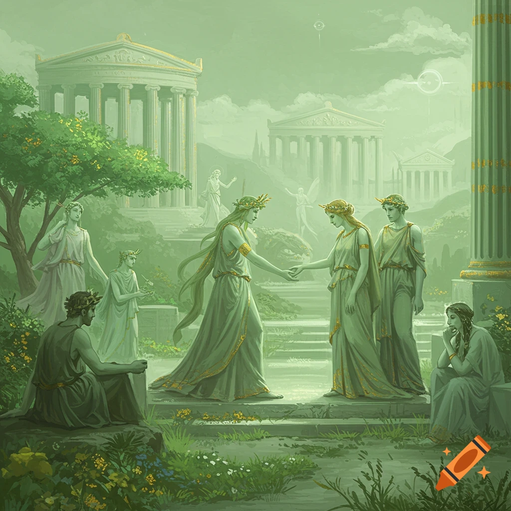 Figures in classical robes in an ancient Greek landscape with temples and lush greenery.