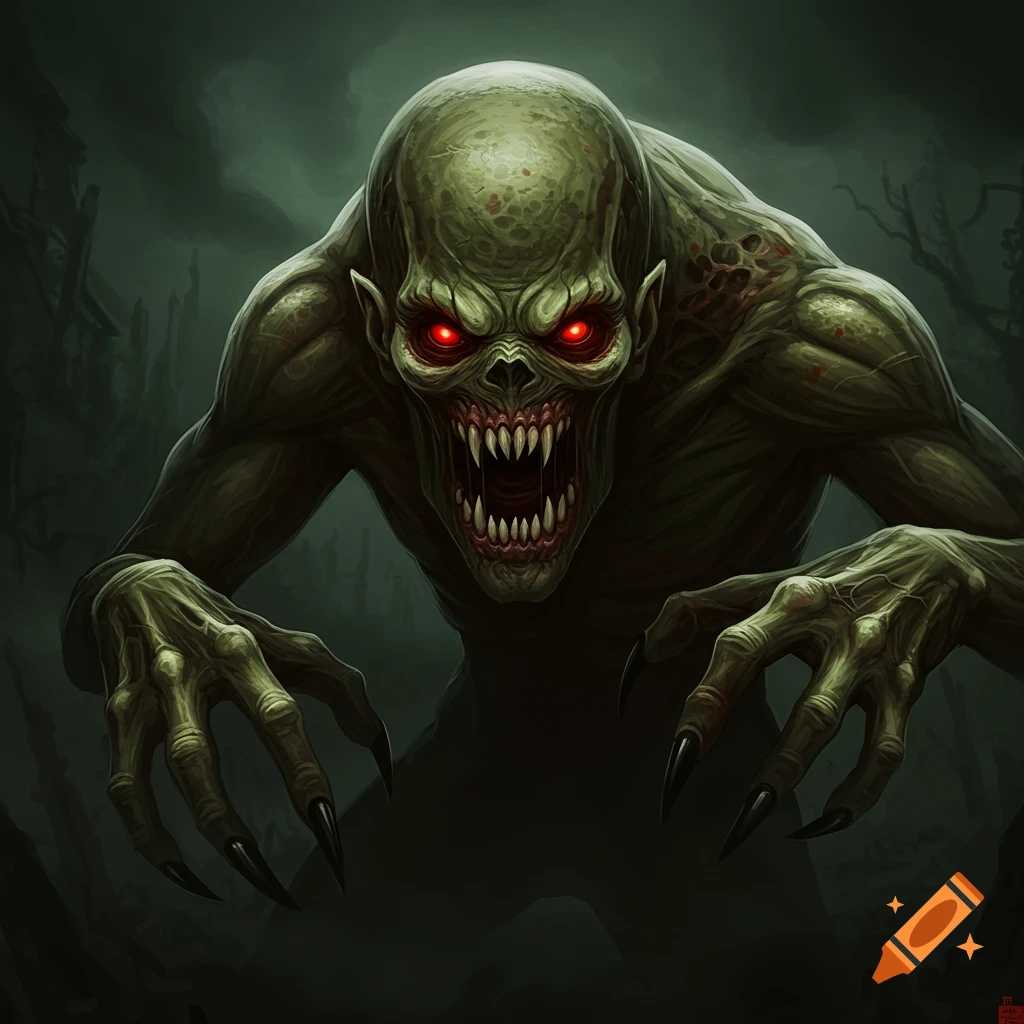 A scary monster with red eyes and sharp teeth in a dark, foggy setting.