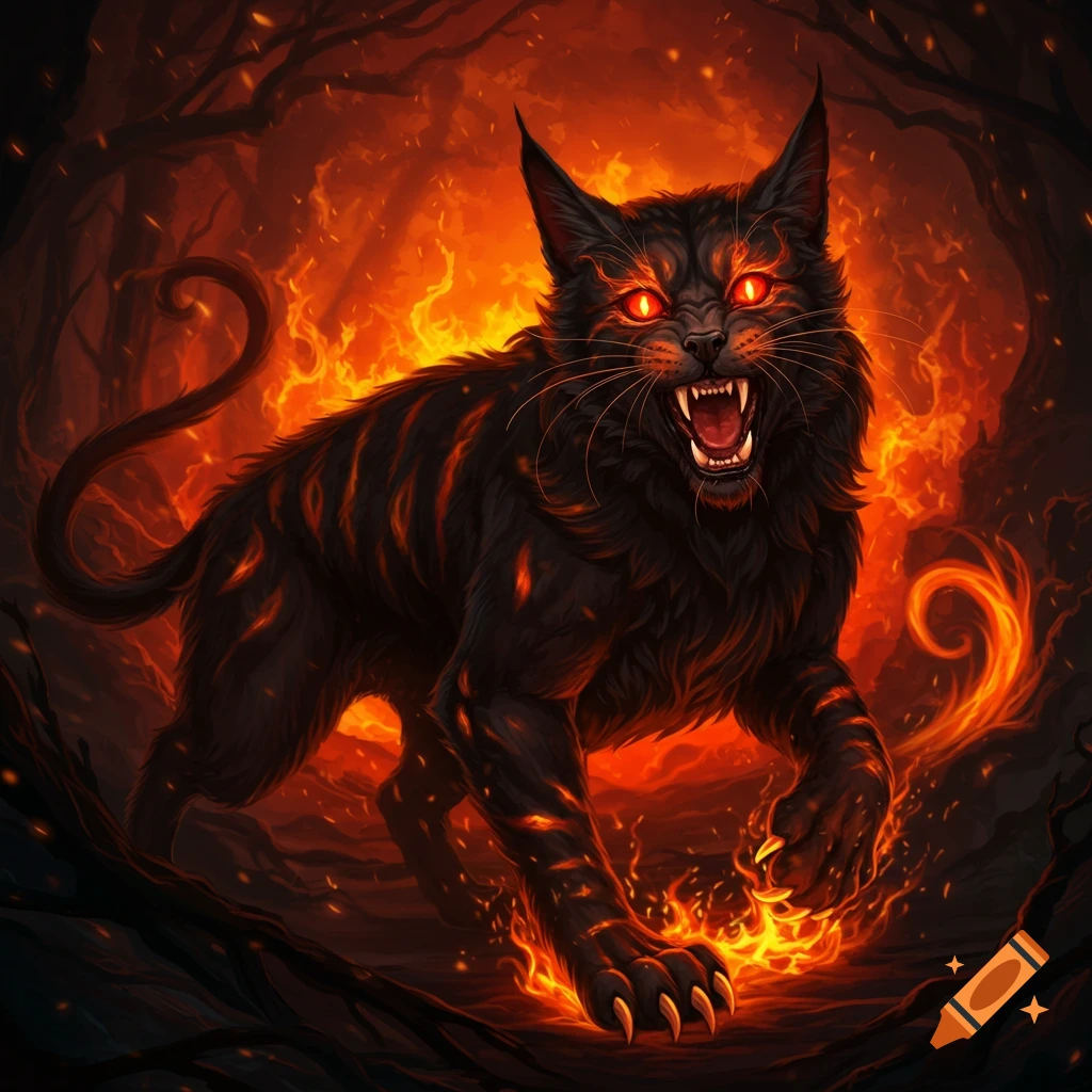 A fierce black cat creature with glowing red eyes and fiery stripes runs through a burning forest.