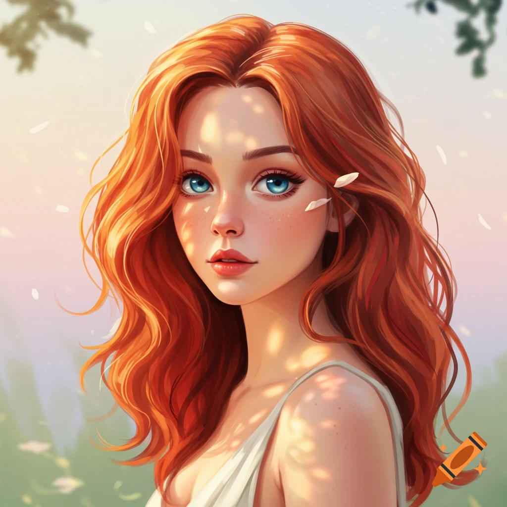 A red-haired woman with blue eyes is illuminated by sunlight.