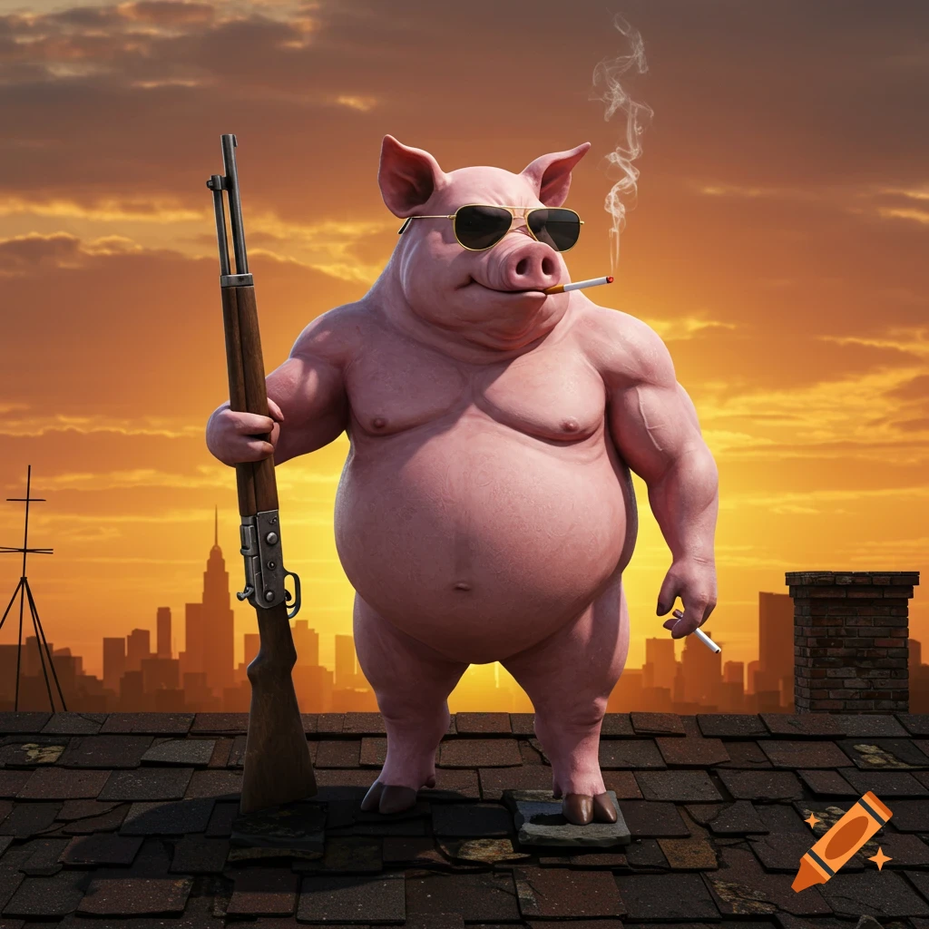 A buff pig stands on a rooftop holding a rifle and smoking a cigarette at sunset.