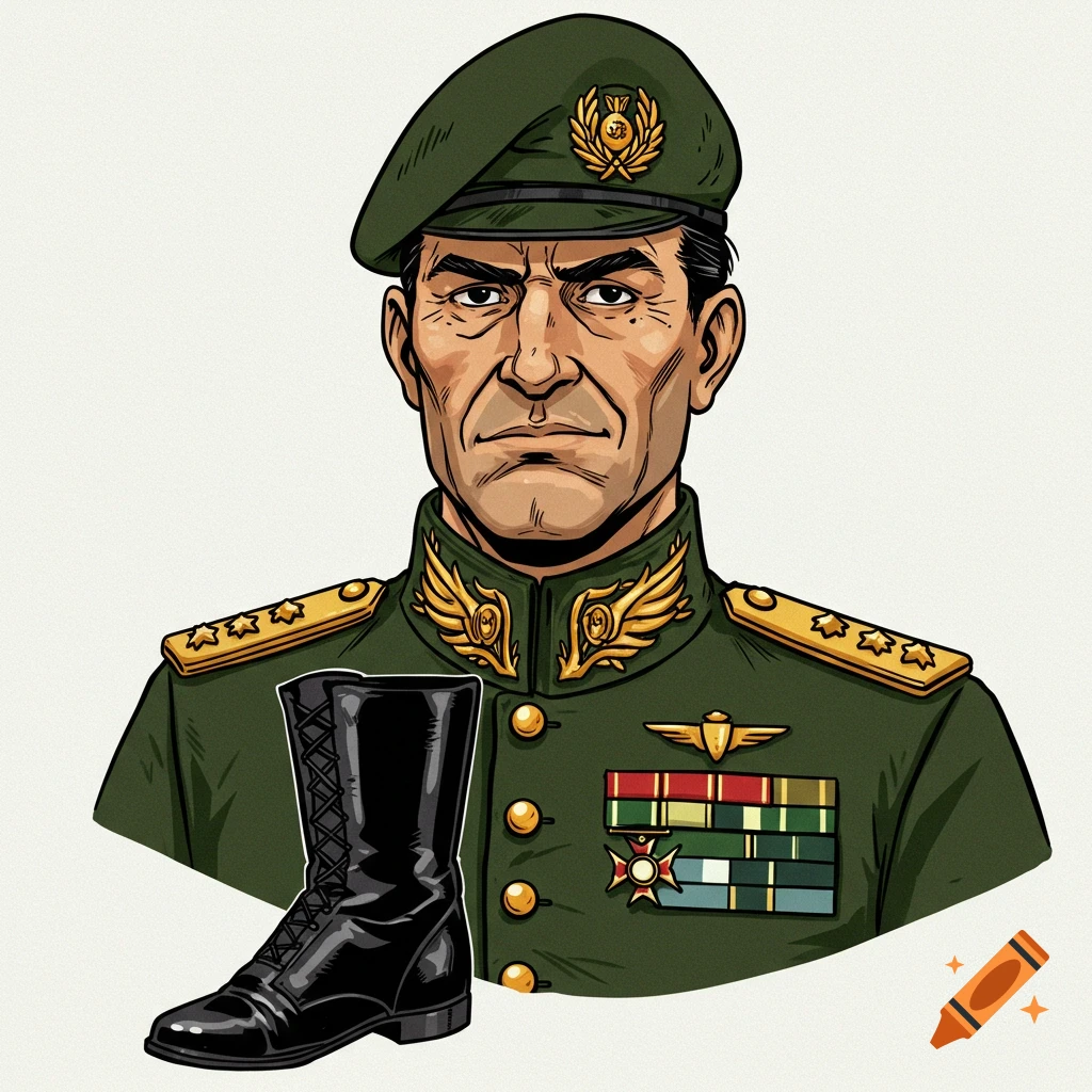 Illustration of a military officer in a green uniform with a beret, medals, and a black boot.