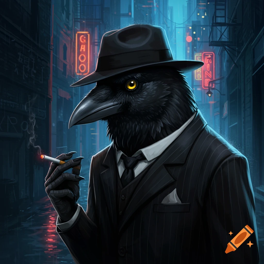 A crow in a suit and fedora smoking a cigarette in a rainy city alley at night.