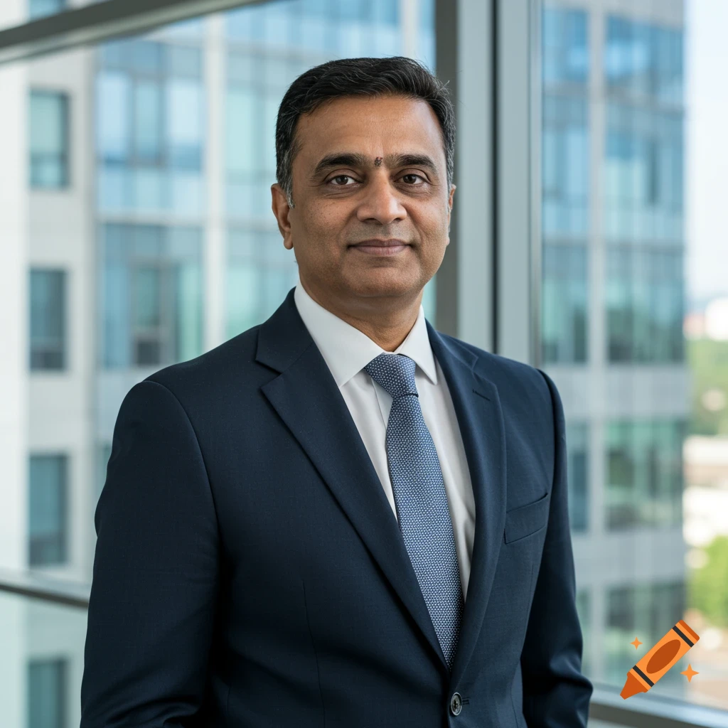 Portrait photo of a businessman in a suit standing by a window with a building outside.