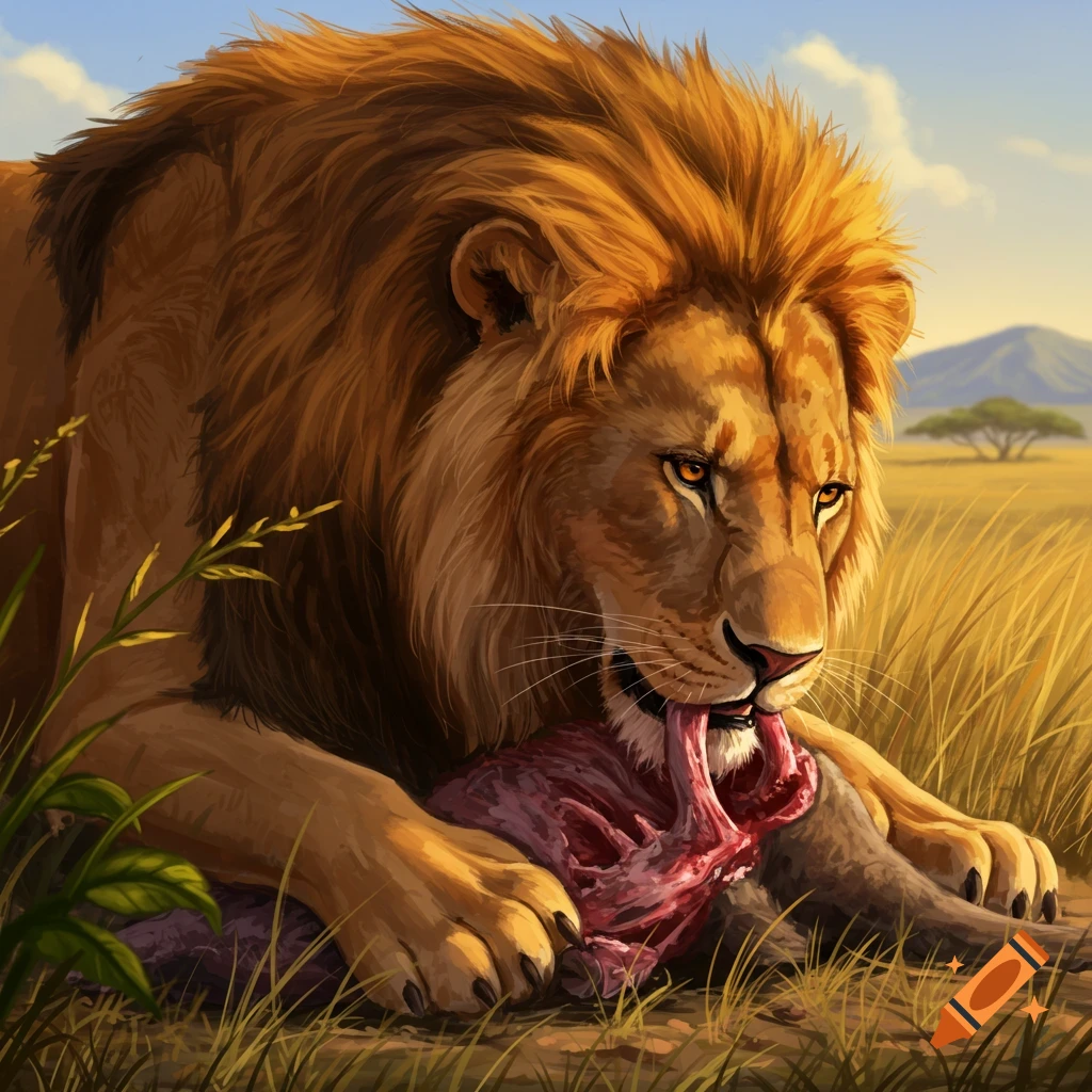 A lion eating raw meat in a savanna landscape.