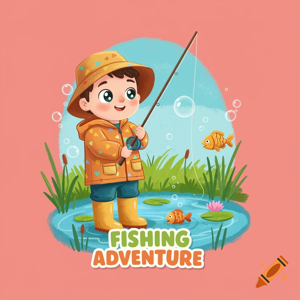 Cartoon boy fishing by a pond with fish and lily pads, text reads 'FISHING ADVENTURE'