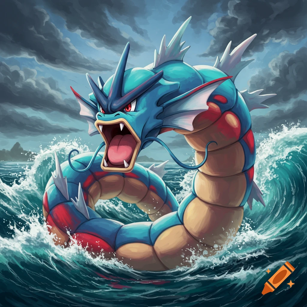A large Gyarados is shown in the ocean with big waves around it.