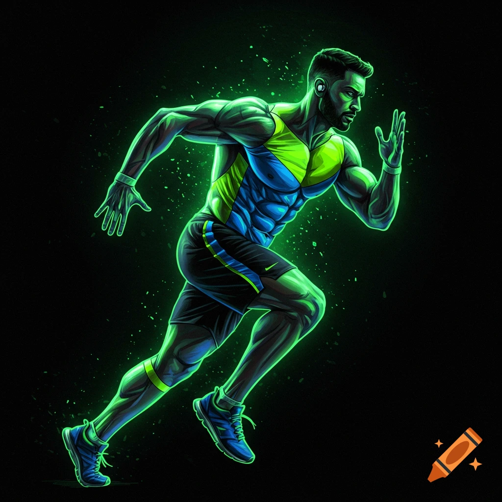 Muscular man running in sportswear with neon green highlights against a black background, digital art style.