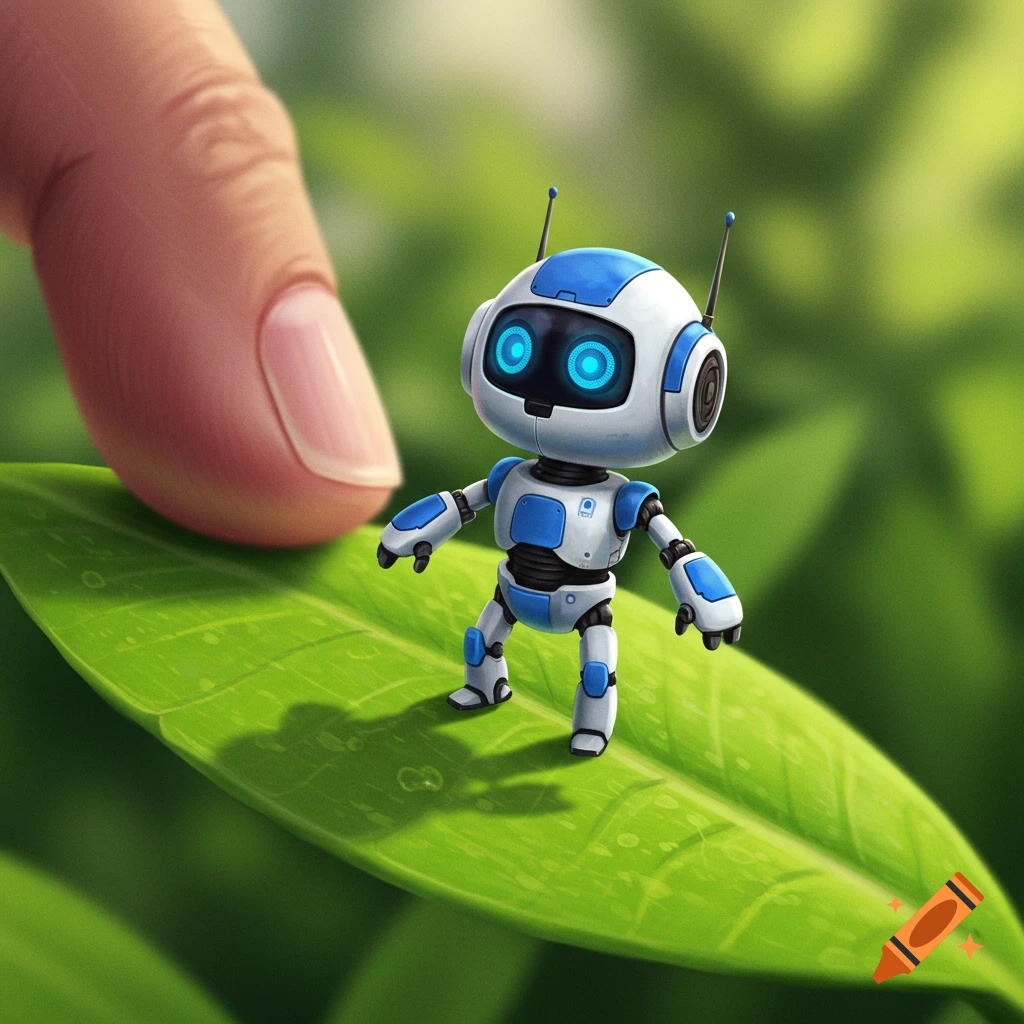 A tiny blue and white robot stands on a large green leaf next to a human finger.