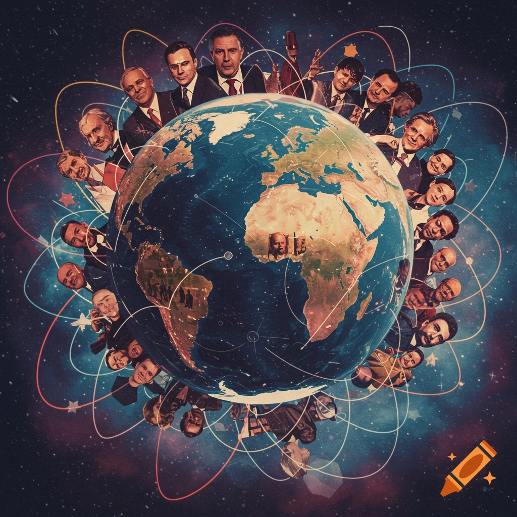 A globe is surrounded by men's faces connected by lines against a cosmic background.