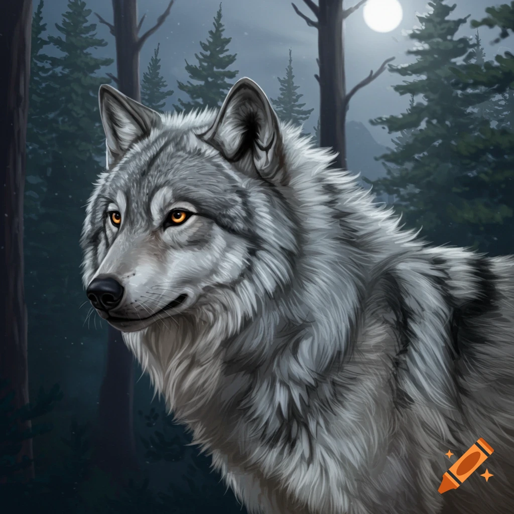 A grey wolf with glowing eyes in a dark forest under a full moon