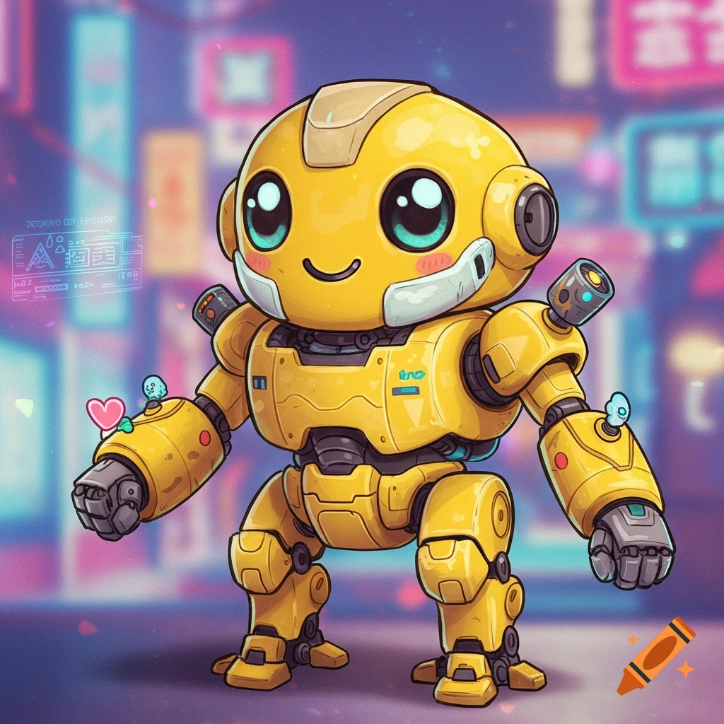 Cute yellow robot standing in a vibrant, blurred street at night.