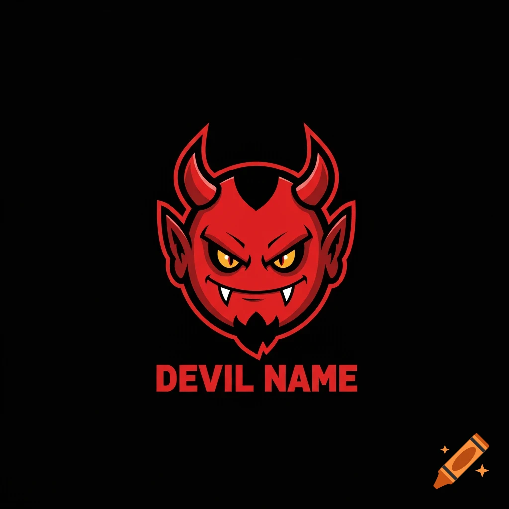 Cartoon devil head logo in red and black with horns and fangs, text below says DEVIL NAME.