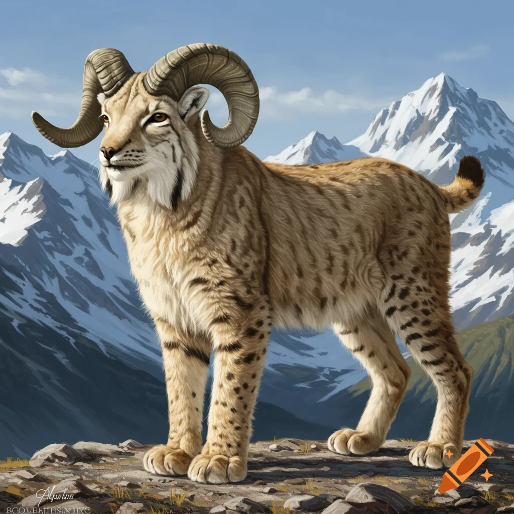 A fantasy creature with ram horns and spotted fur stands on rocks in front of mountains.