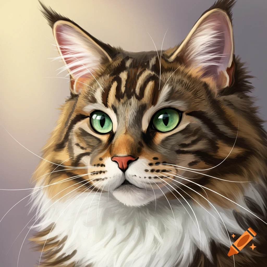 Close-up portrait of a brown and white tabby Maine Coon cat with green eyes