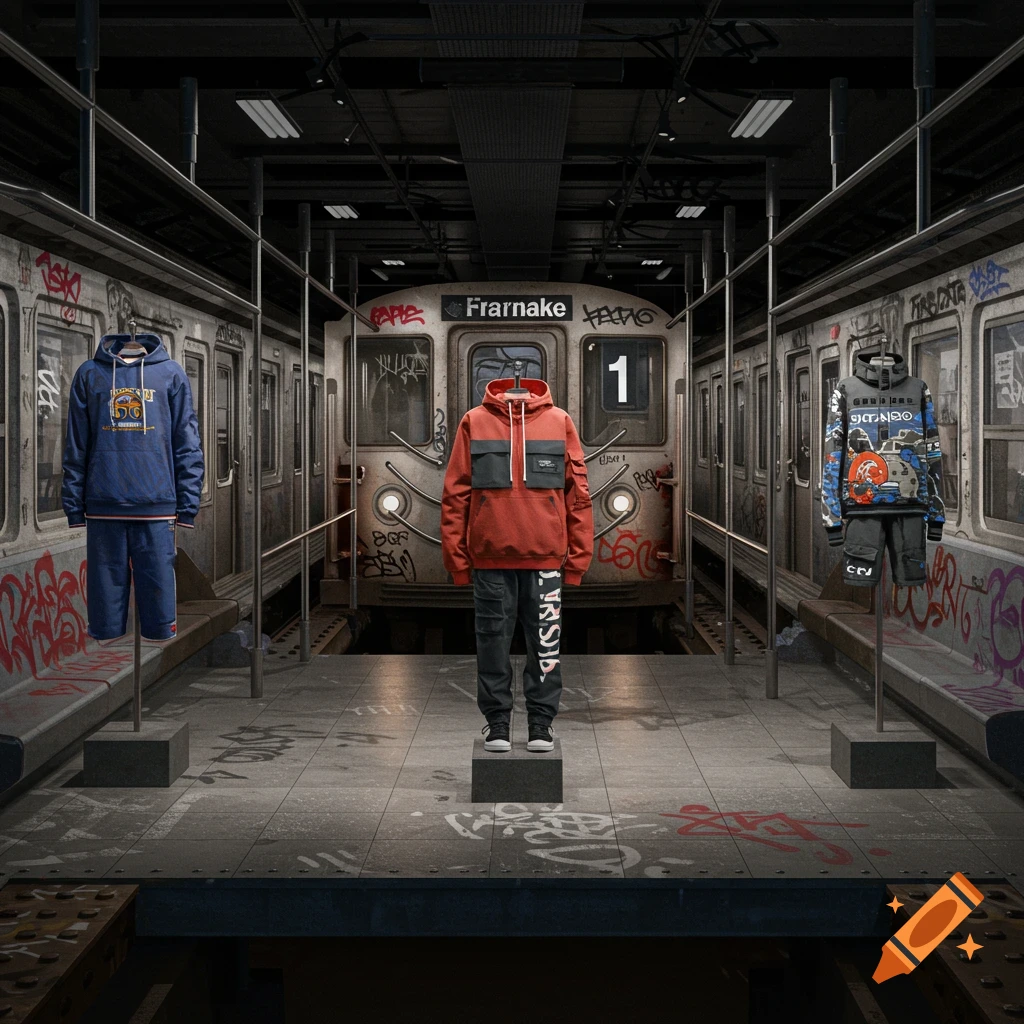 Streetwear clothing displayed on mannequins in a graffiti-covered subway station with a train.