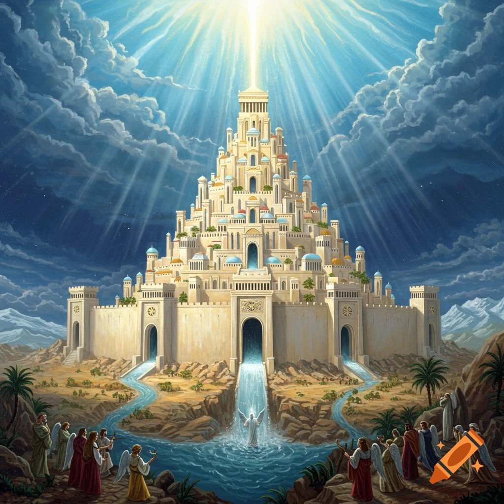 A majestic celestial city illuminated by divine light with rivers flowing from it, and groups of angels in the foreground.