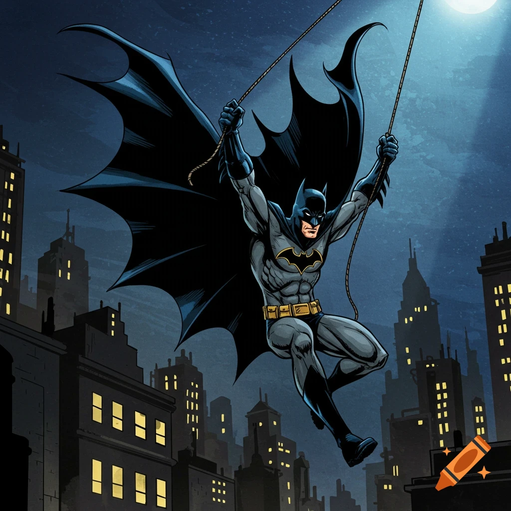 Batman swings on ropes over a stylized city at night in a comic art style.