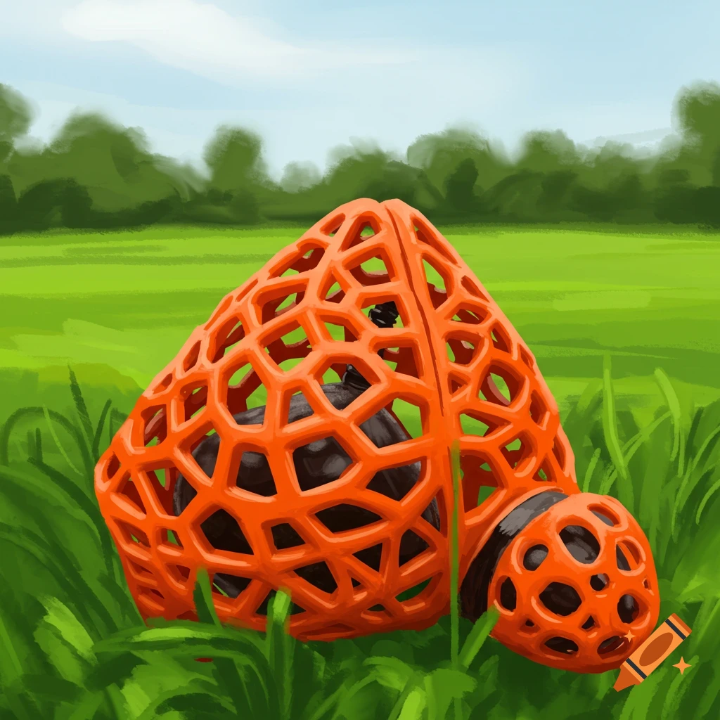 An orange lattice-like beetle-shaped object rests in tall green grass in a field.