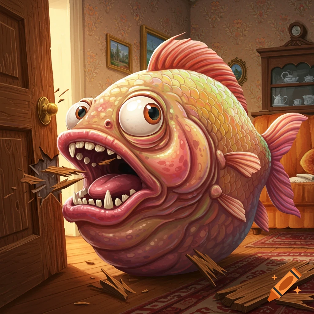 A monstrous cartoon fish is depicted breaking through a wooden door into a room.
