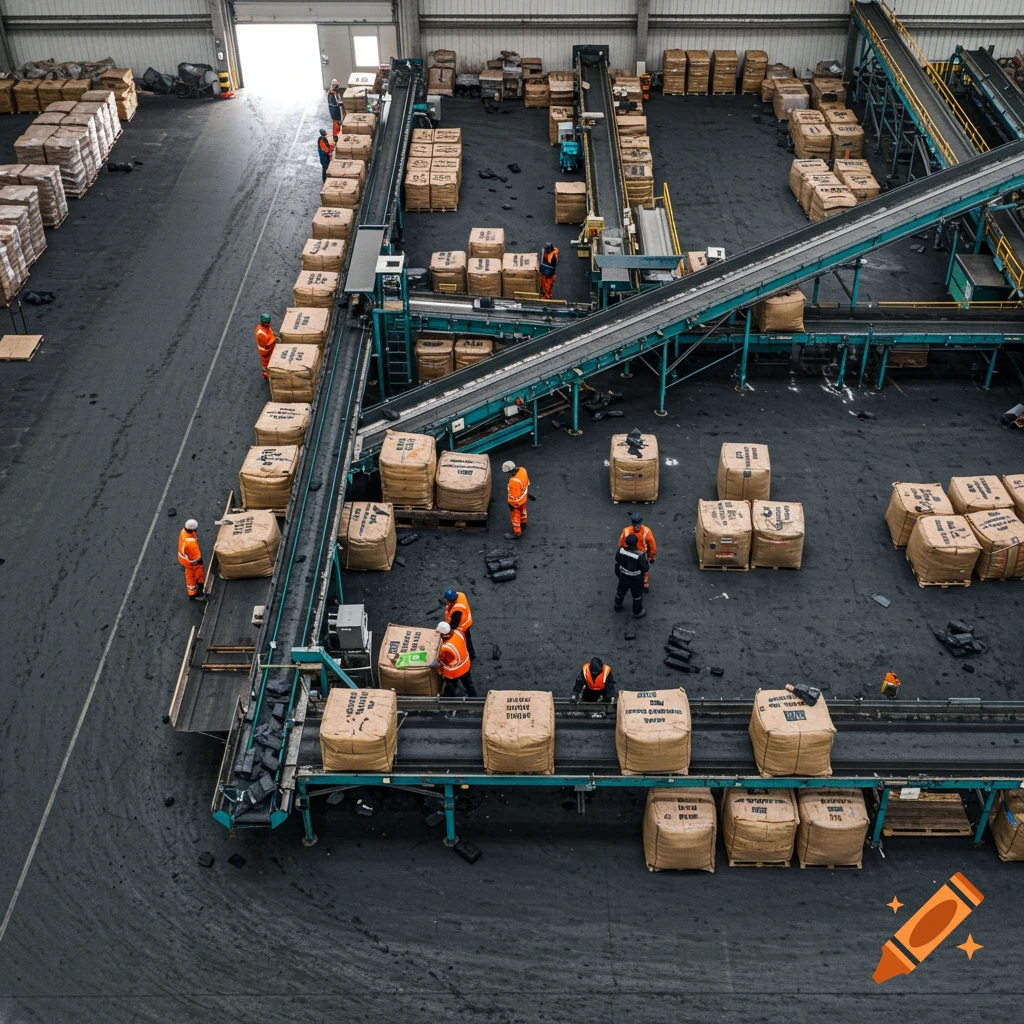 Aerial view of workers moving large bags on conveyor belts in a warehouse