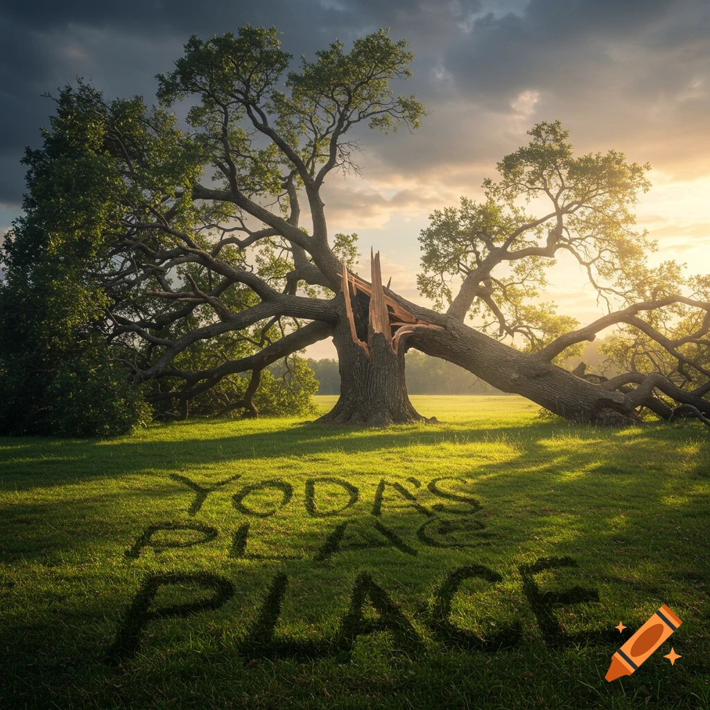 A dramatic image of a large fallen tree in a sunlit field with 'Yoda's Place' written in the grass.