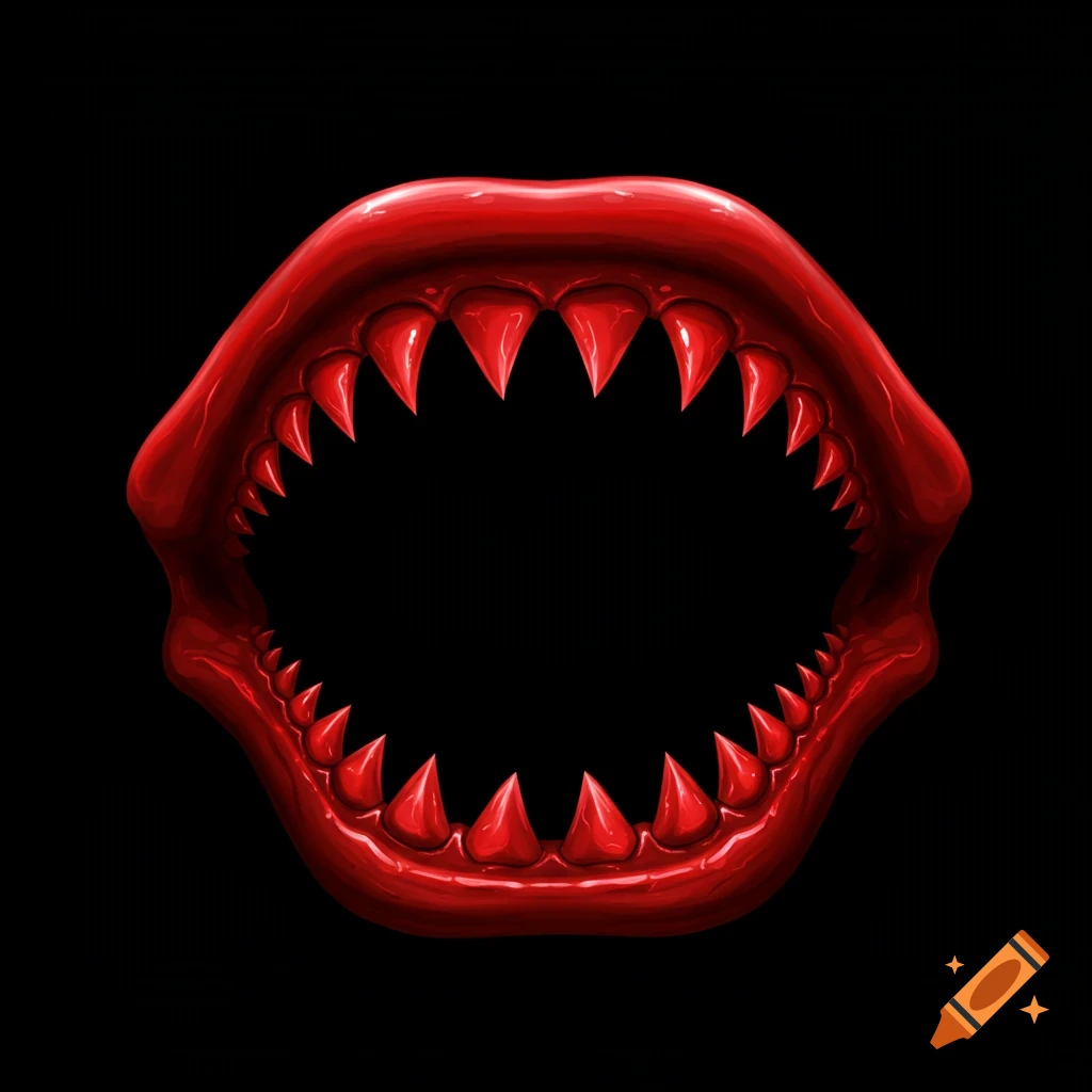 A red mouth with sharp teeth is shown against a black background.