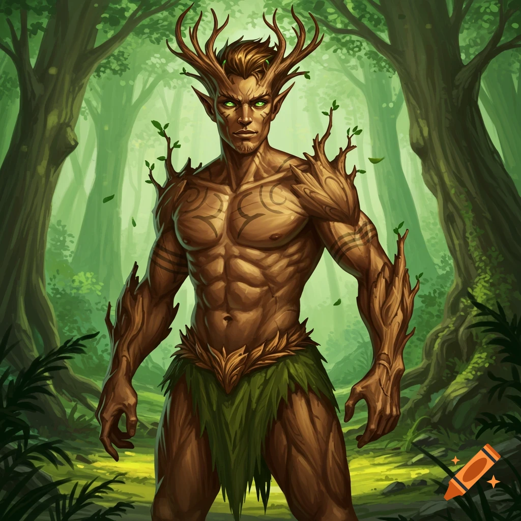 A male forest fey with bark skin, antlers, tattoos, and green eyes in a forest.