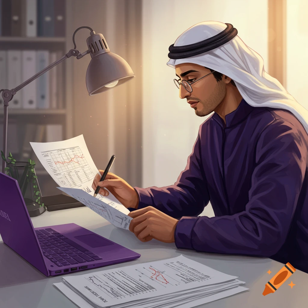 A man in traditional Middle Eastern attire working on documents at a desk with a laptop.