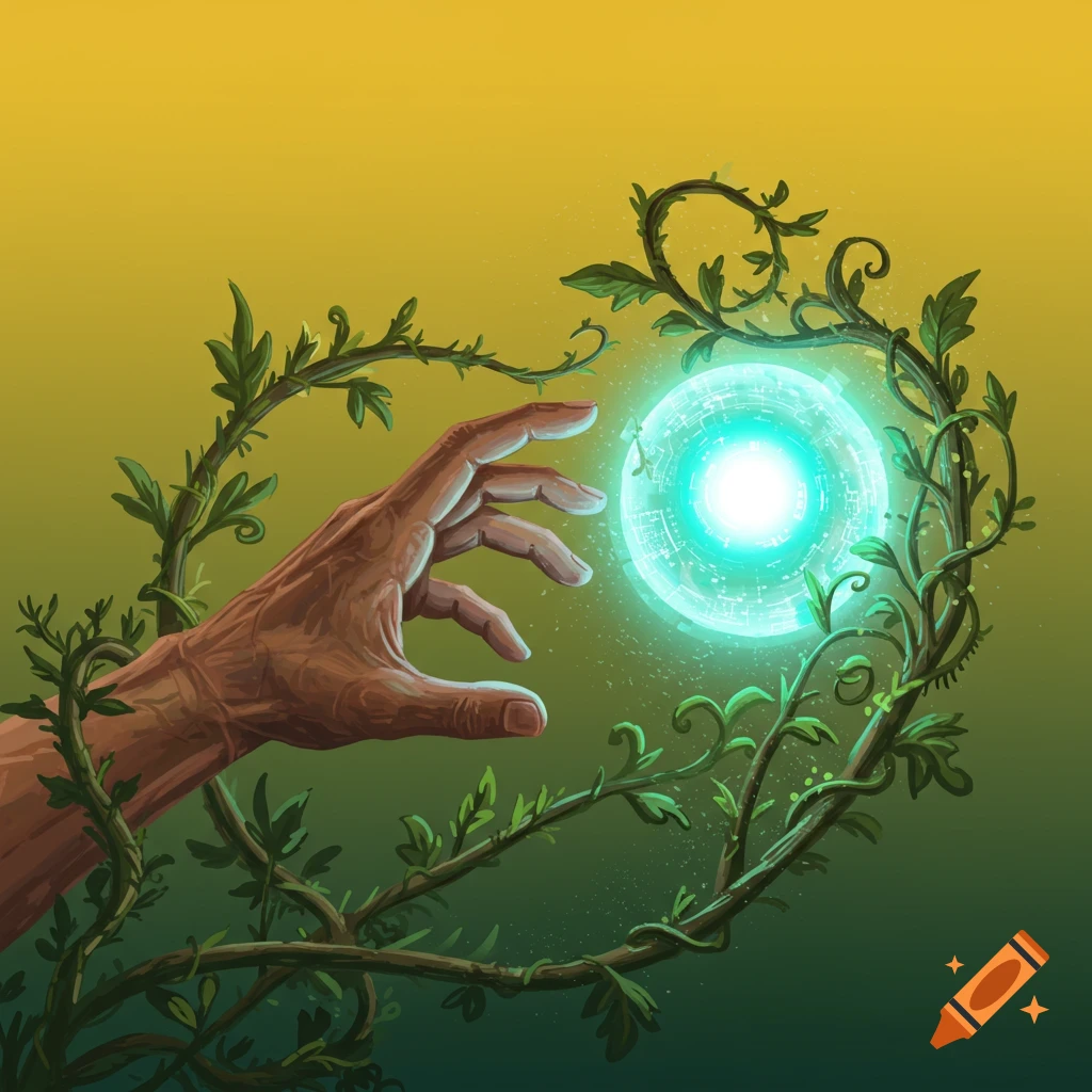A hand reaching for a glowing orb encircled by vines.
