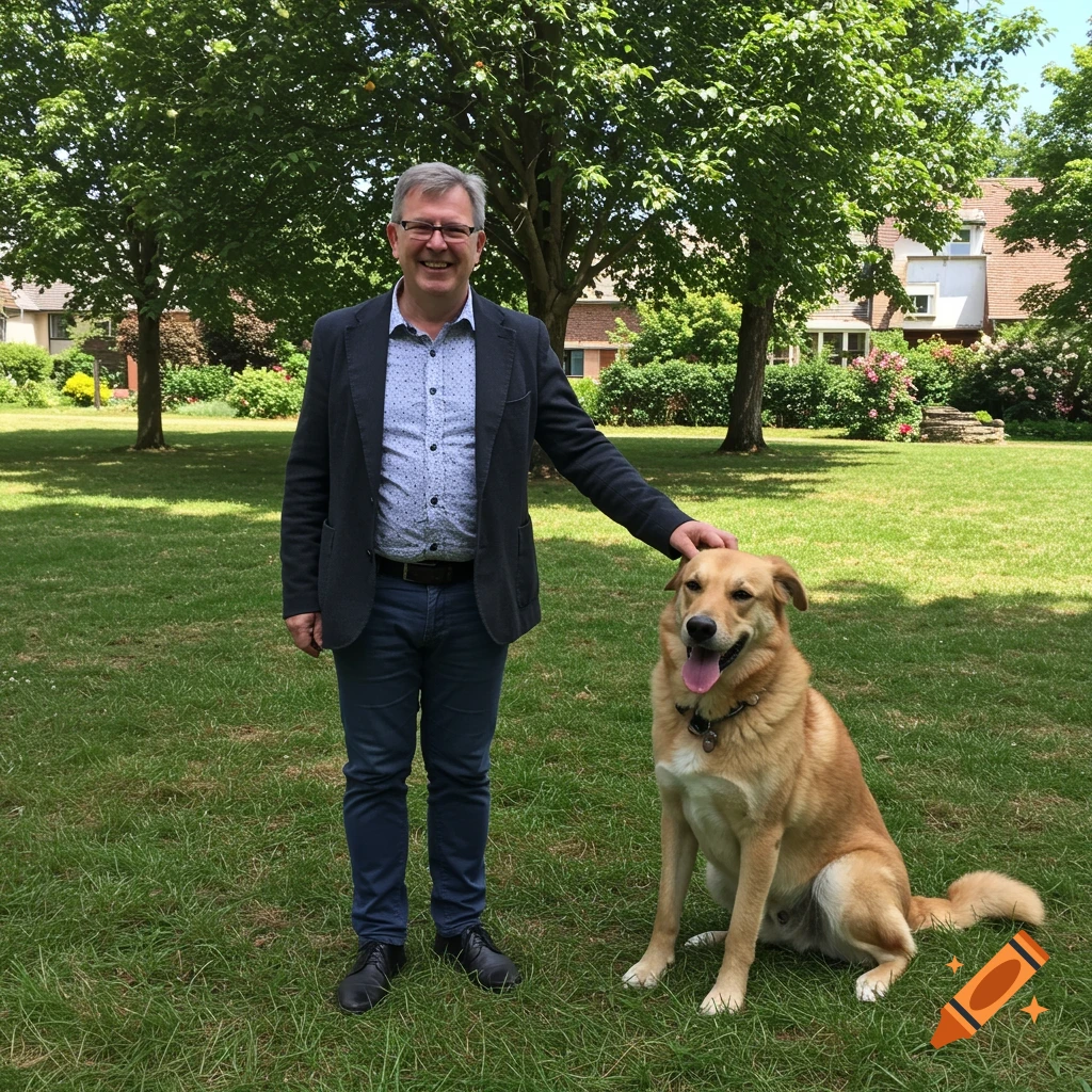 A man pets a golden-brown dog in a park.