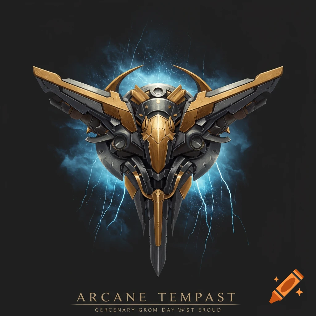 A mechanical logo in gold and grey, resembling a stylized bird crest with wings, set against a background of blue lightning and smoke.