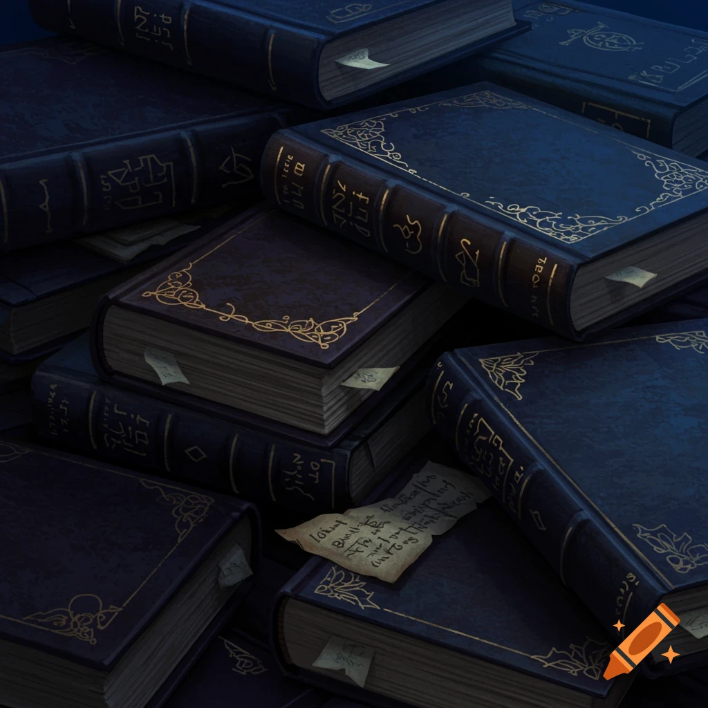 A pile of dark, antique-looking books with gold decoration and illegible text.
