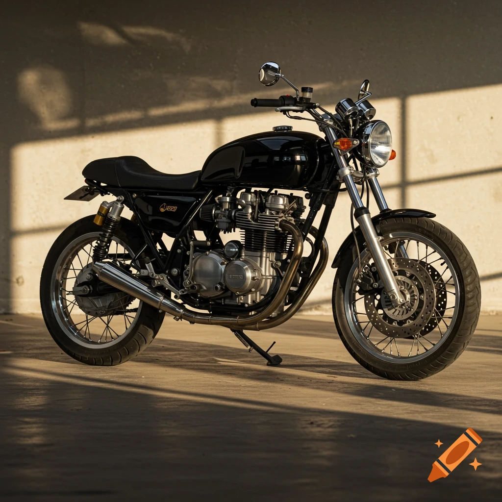 A black cafe racer style motorcycle is parked in a room with sunlit shadows.
