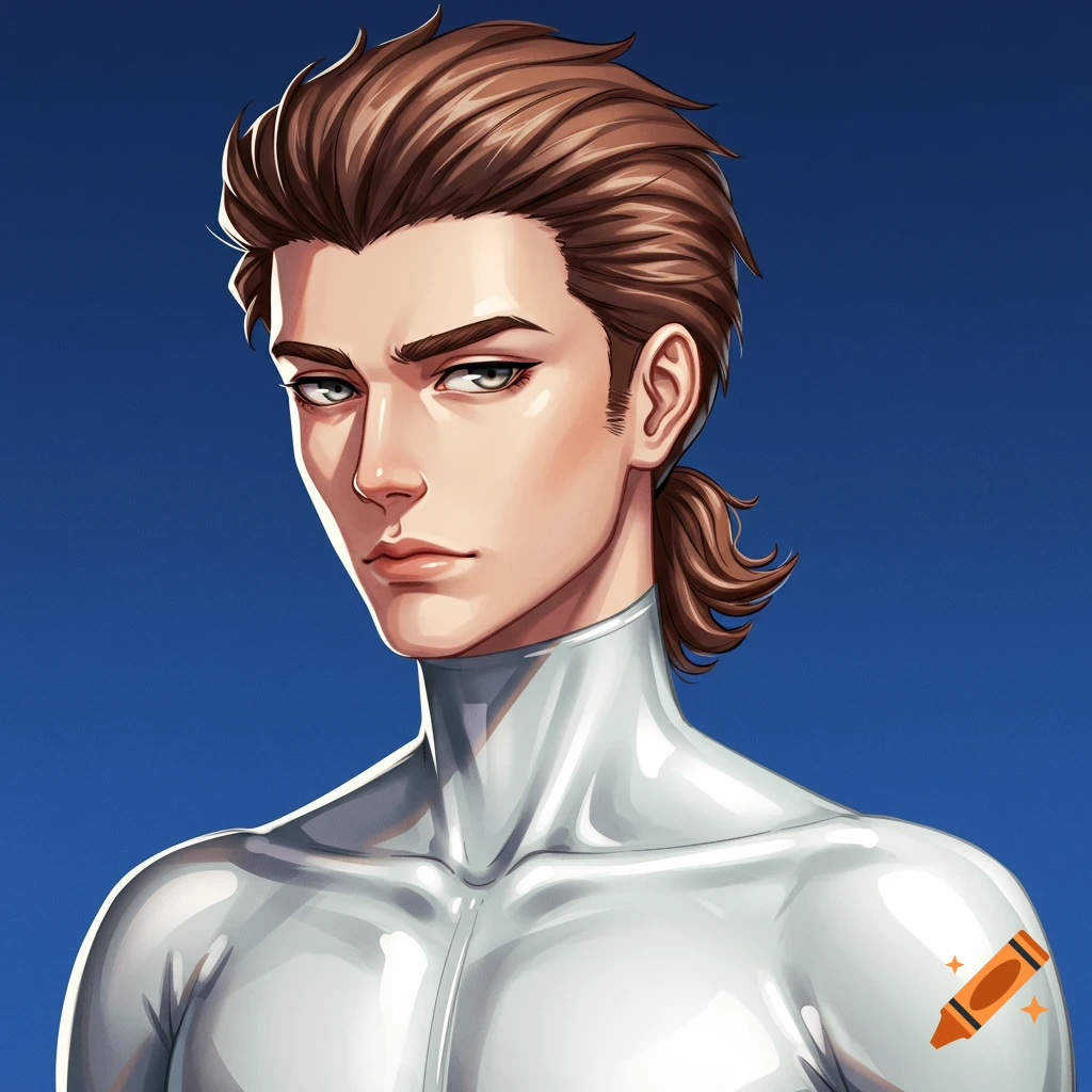 Anime style portrait of a man with brown hair in a ponytail wearing a white latex suit.