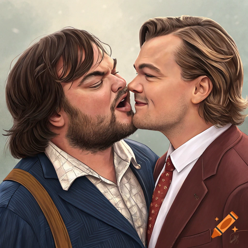 Stylized illustration of Jack Black kissing Leonardo DiCaprio