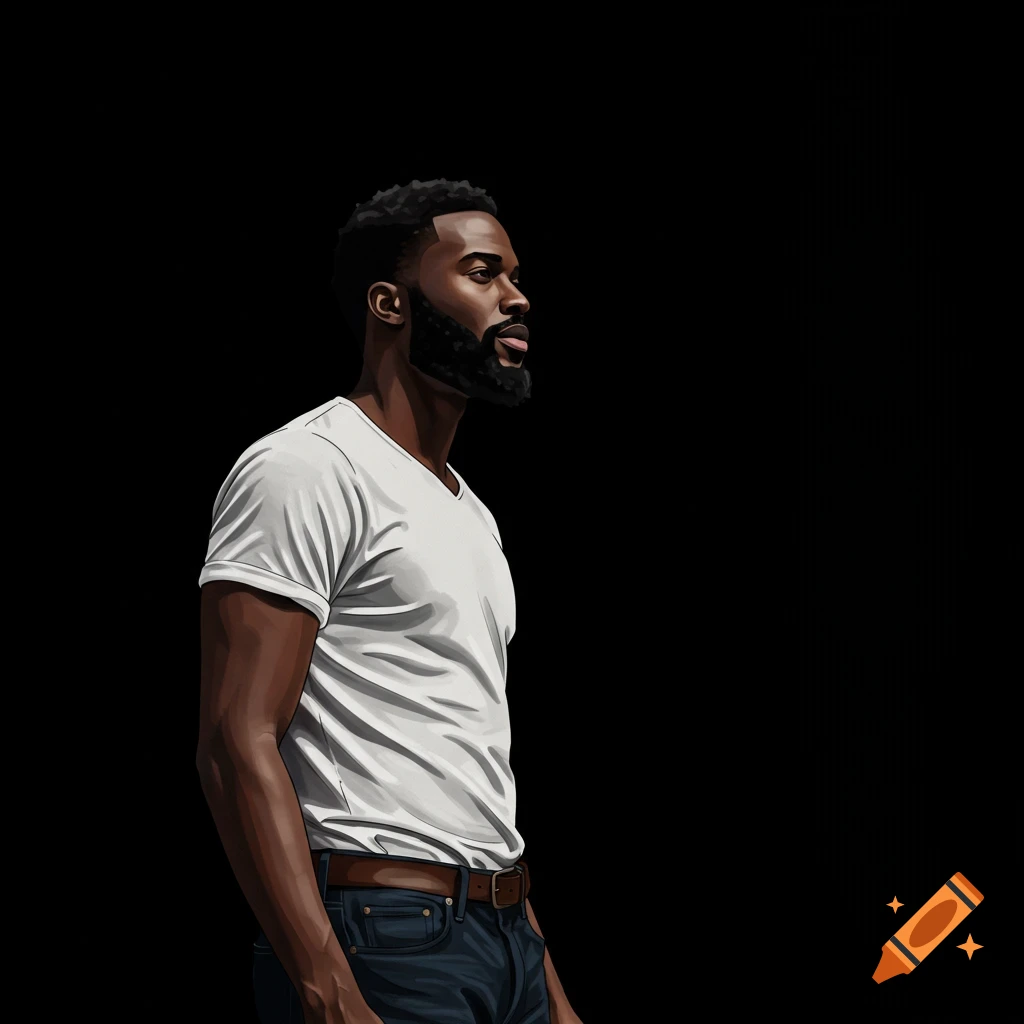 An image of a Black man in a white t-shirt and jeans looking to the right.