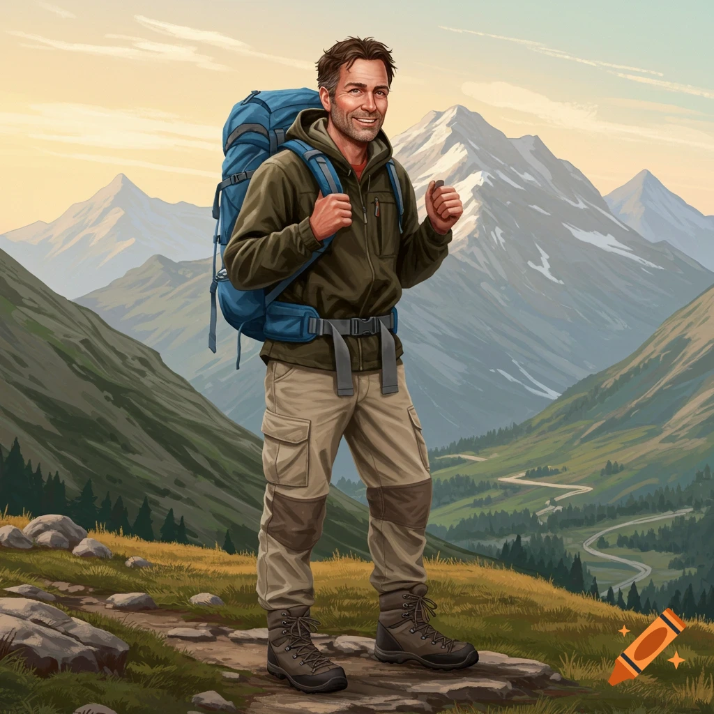 A man with a backpack hiking in the mountains.