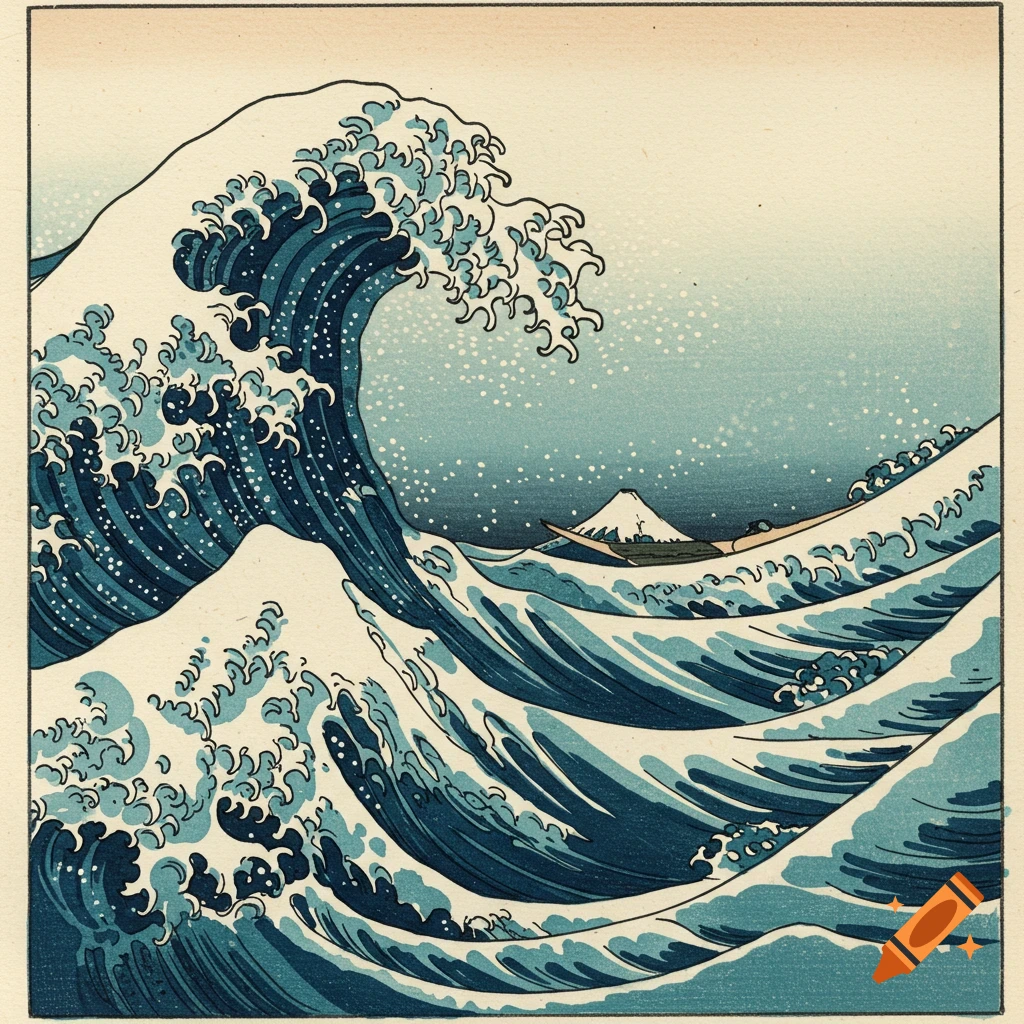 Japanese woodblock print of a large wave with boats and a mountain in the background.
