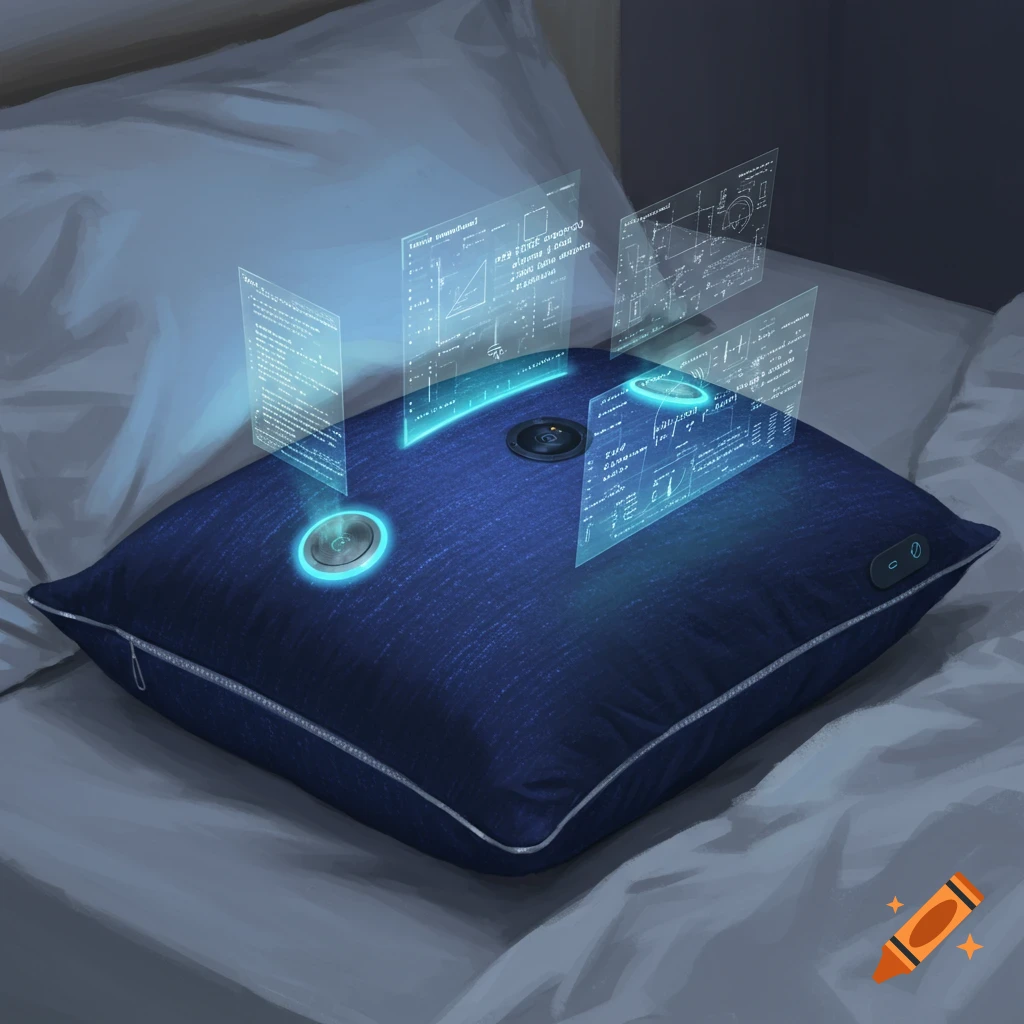 A blue pillow on a bed with glowing futuristic controls and holographic screens displaying data.