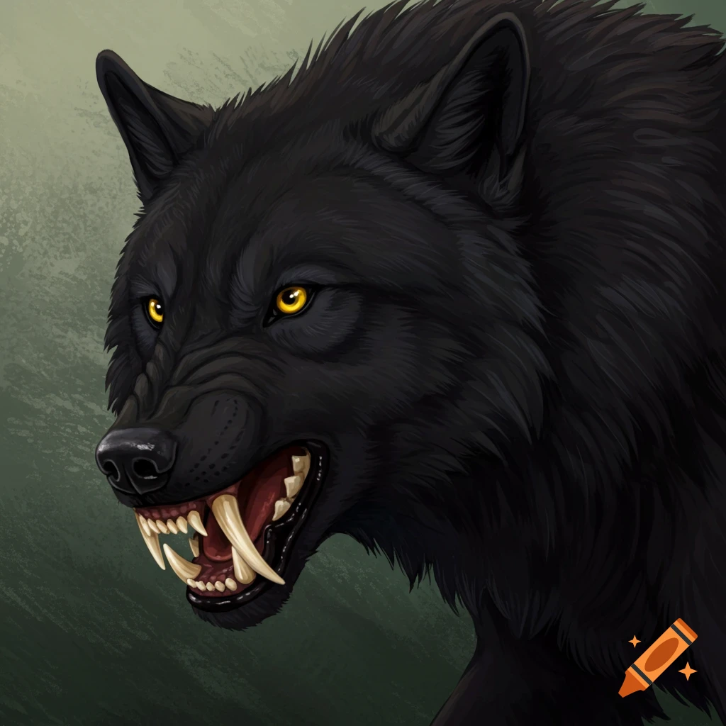 A fierce black wolf with large fangs and yellow eyes is depicted.