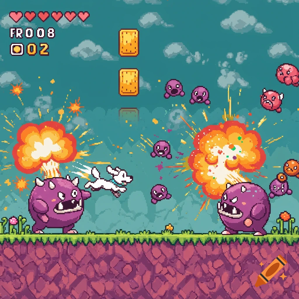 Pixel art in 8-bit style shows a white dog jumping over a purple monster with explosions, smaller enemies, and game UI elements.