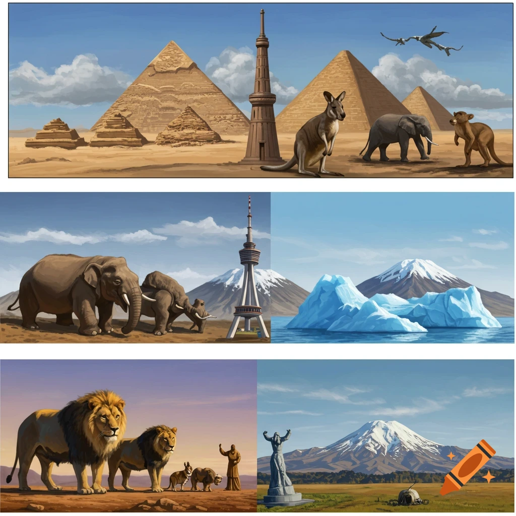 A collage showing landmarks like pyramids, towers, and a statue, alongside animals like elephants, lions, and a kangaroo, in various landscapes including desert, mountains, and icebergs.