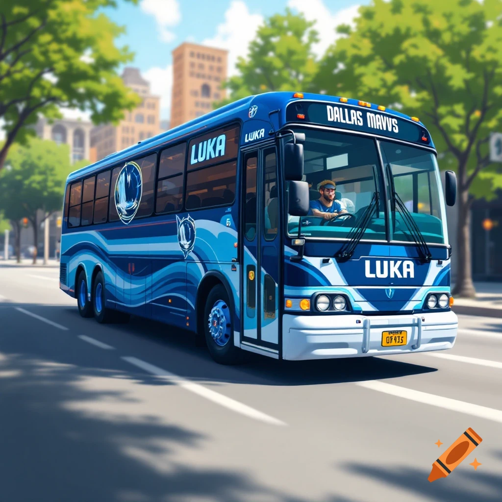 A blue and white Dallas Mavs themed bus drives on a city street.