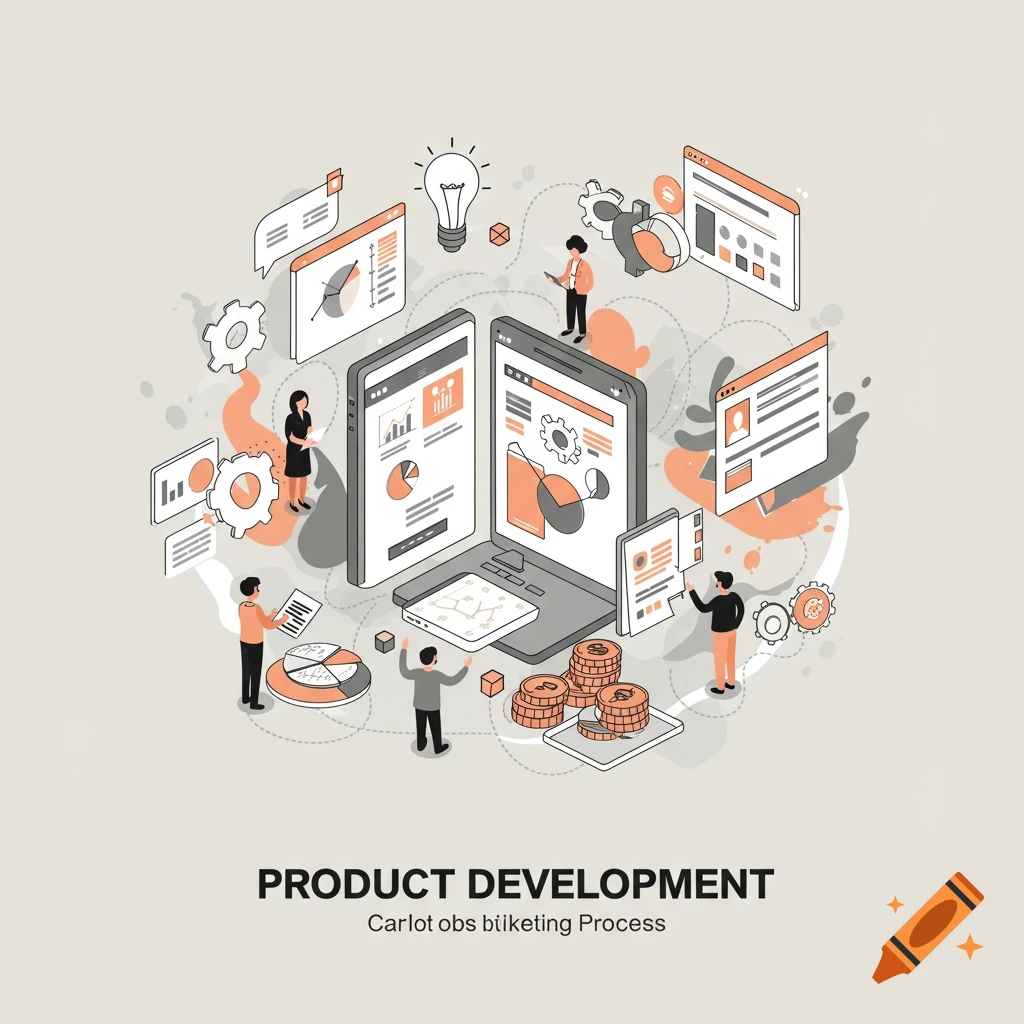 Isometric illustration of business people developing a product with computers and charts.