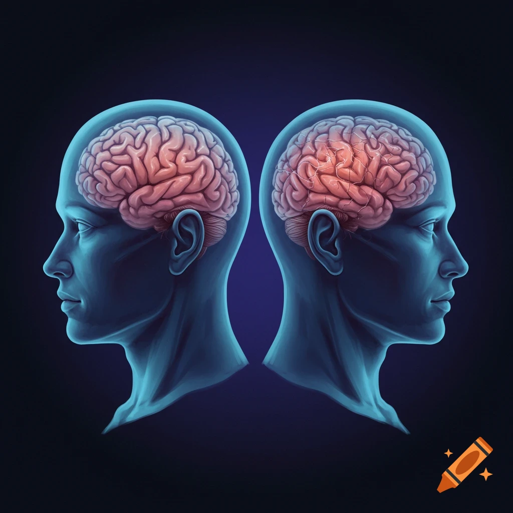 Two blue-toned stylized human head profiles facing away from each other, showing pink brains inside; one brain is highlighted red.