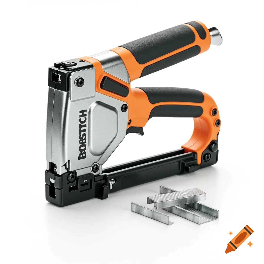 A silver and orange Bostitch staple gun with staples on a white background.