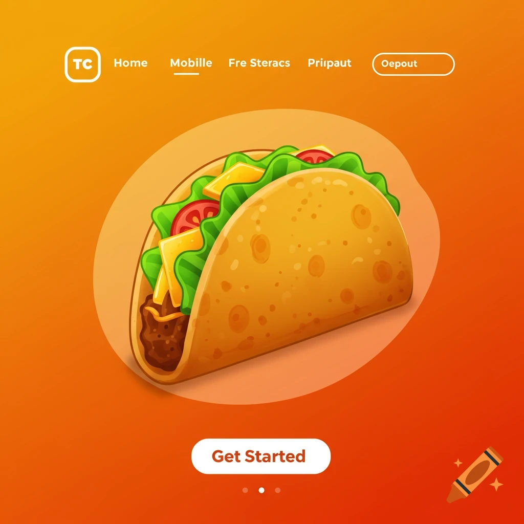 Cartoon illustration of a taco on an orange background with mobile app UI elements.