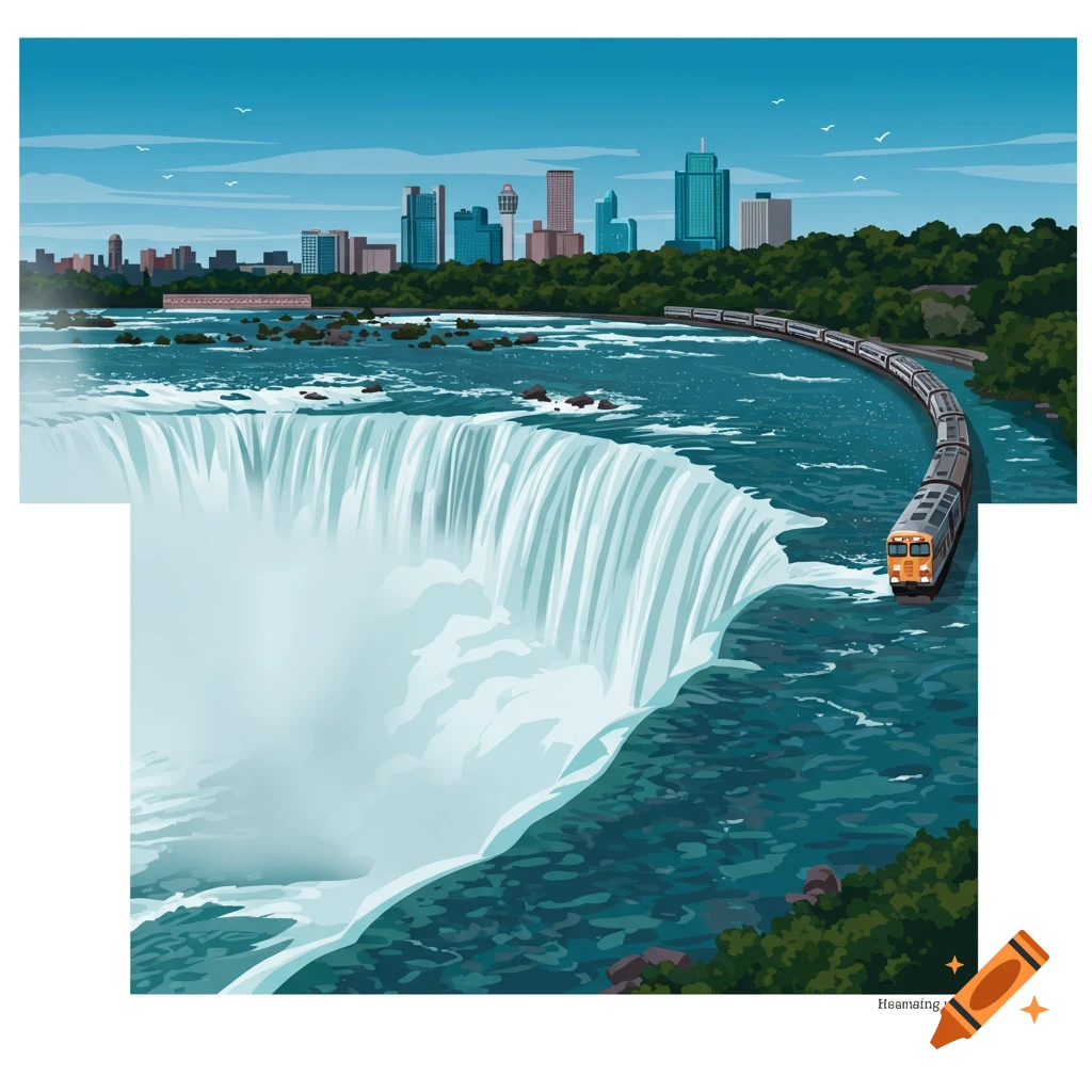 Vector graphic of Niagara Falls with a city skyline and a train.